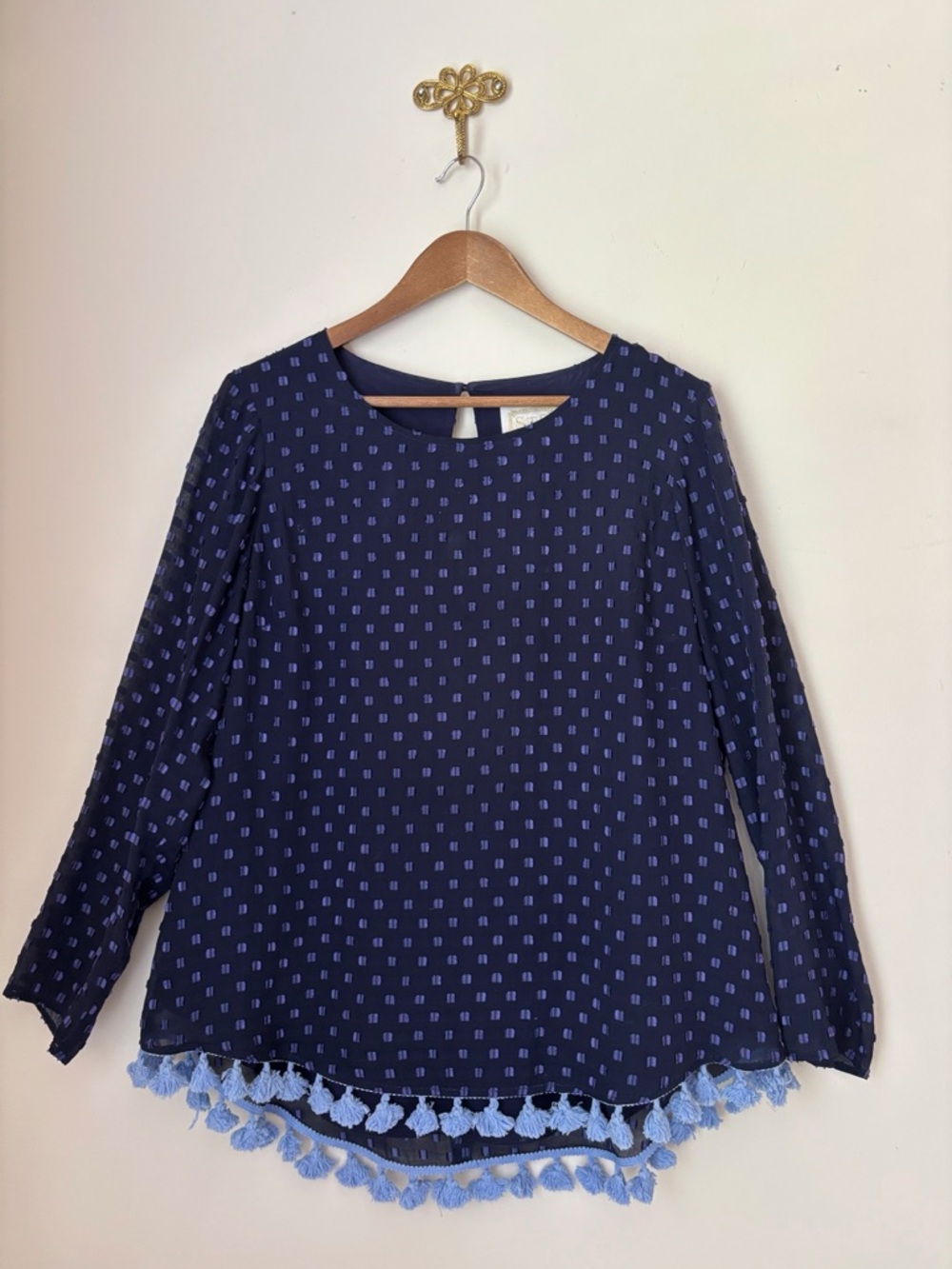Sail To Sable STS Blue Swiss Dot Pom Trim Silk Blend Blouse Large